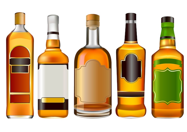 Vetor coleção de garrafas de álcool colorido isolada no branco