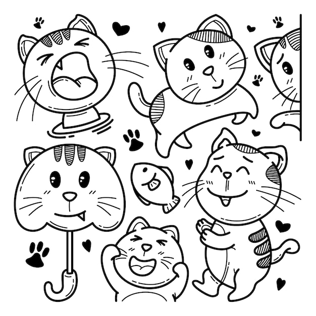 Coleção de gato bonito doodle ilustração de personagem