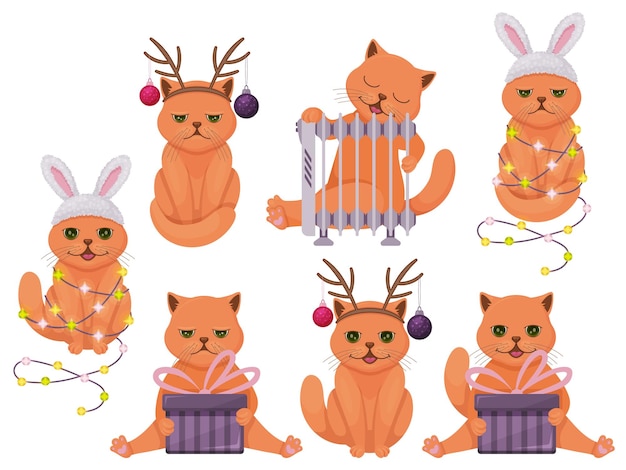 Coleção de gatos de inverno feliz natal ilustrações de gatos fofos com acessórios conjunto de objetos isolados em fundo branco ilustração vetorial estilo de desenho animado