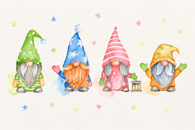 Vetor coleção de gnomos de natal em aquarela