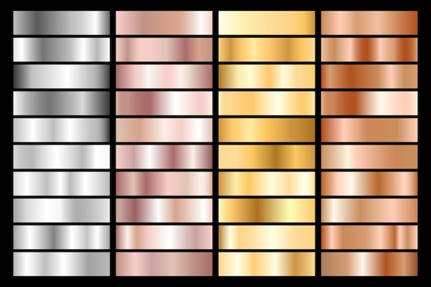 Vetor coleção de gradiente metálico prata, cromo, ouro, ouro rosa e bronze.