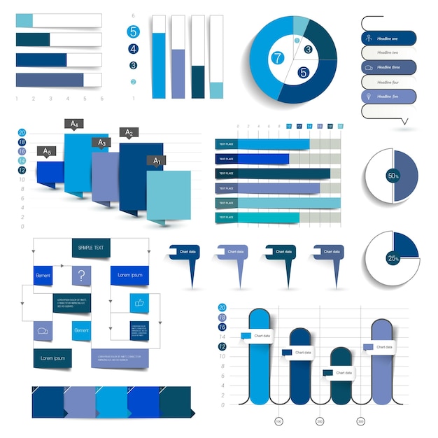 Coleção de gráficos gráficos fluxogramas infográficos na cor azul