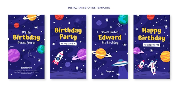 Coleção de histórias de instagram de aniversário infantil desenhada à mão