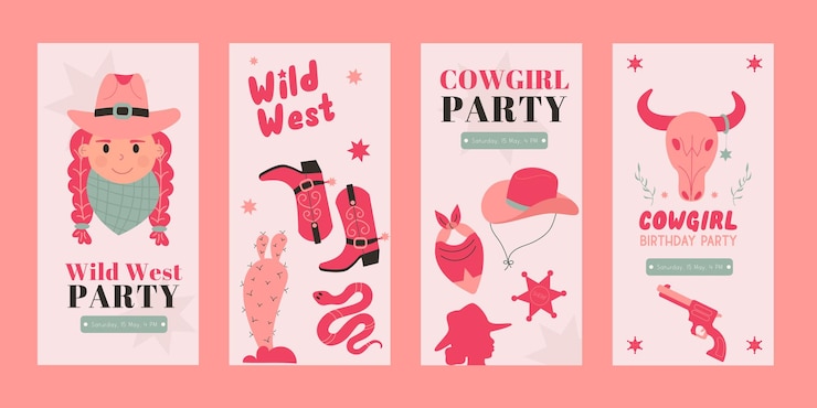 Vetor coleção de histórias do instagram da festa de cowgirl do oeste selvagem