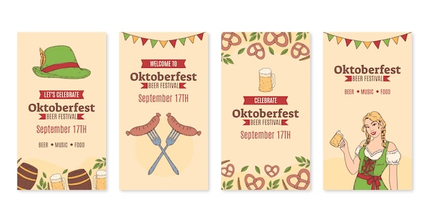 Coleção de histórias do instagram da oktoberfest desenhada à mão