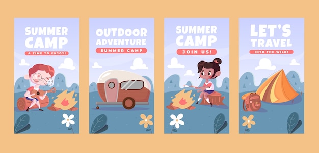 Vetor coleção de histórias do instagram de acampamento de verão plano