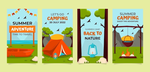 Coleção de histórias do instagram de acampamento de verão plano