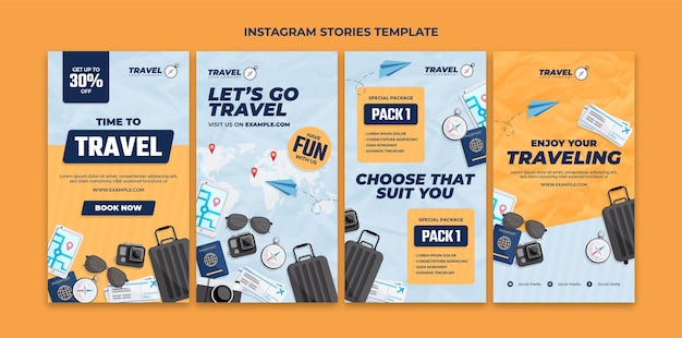 Coleção de histórias do instagram de agência de viagens de design plano