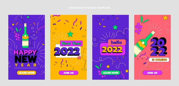 Coleção de histórias do instagram de ano novo desenhada à mão