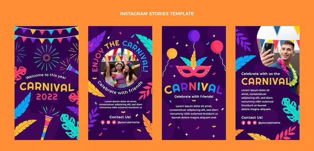 Vetor coleção de histórias do instagram de carnaval plana