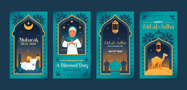 Vetor coleção de histórias do instagram de estilo de papel eid al-adha