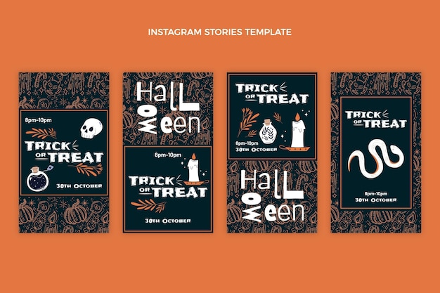 Vetor coleção de histórias do instagram de halloween desenhada à mão