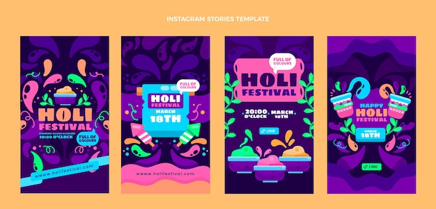 Vetor coleção de histórias do instagram de holi plana