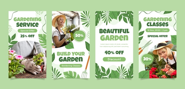 Vetor coleção de histórias do instagram de jardinagem e cultivo