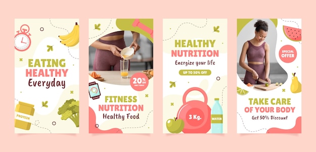 Vetor coleção de histórias do instagram de nutrição de saúde e fitness