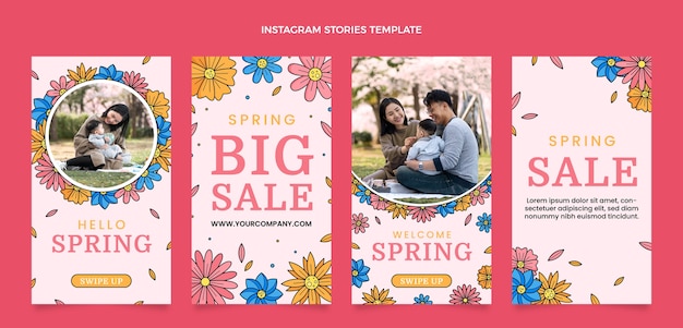 Coleção de histórias do instagram de primavera desenhada à mão