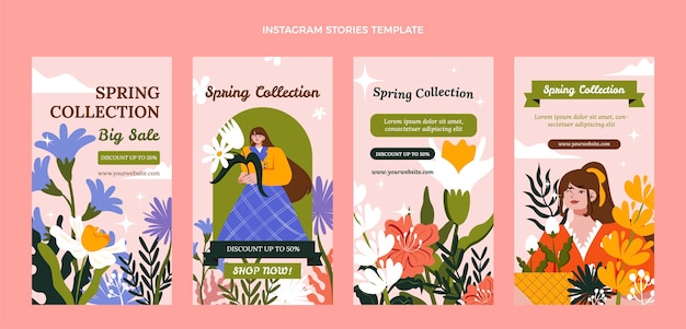 Vetor coleção de histórias do instagram de primavera plana