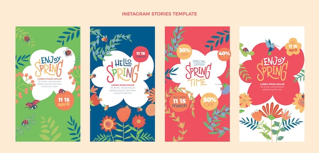 Vetor coleção de histórias do instagram de primavera plana