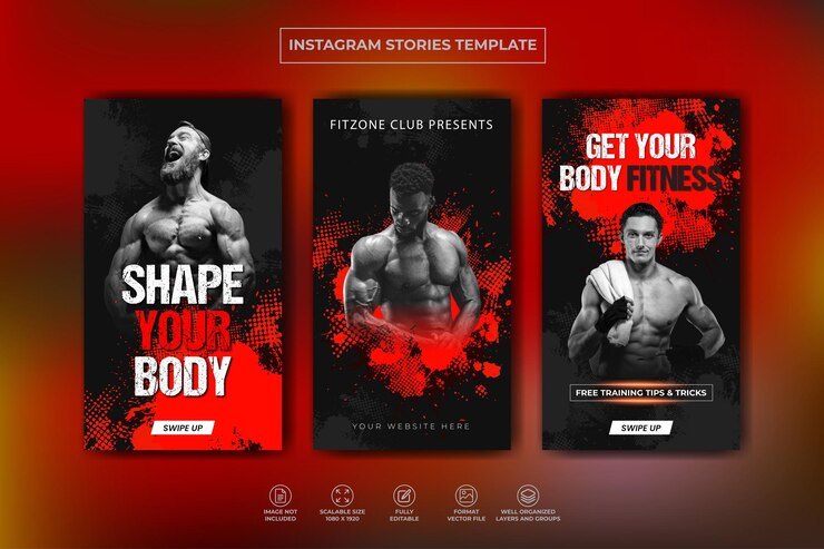 Coleção de histórias do instagram de treinamento de academia de ginástica e modelo de banner da web Premium Vector