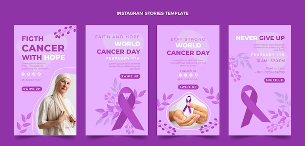 Vetor coleção de histórias do instagram do dia do câncer no mundo plano