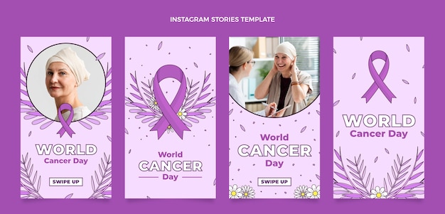 Coleção de histórias do instagram do Dia Mundial do Câncer desenhada à mão
