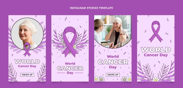 Vetor coleção de histórias do instagram do dia mundial do câncer desenhada à mão