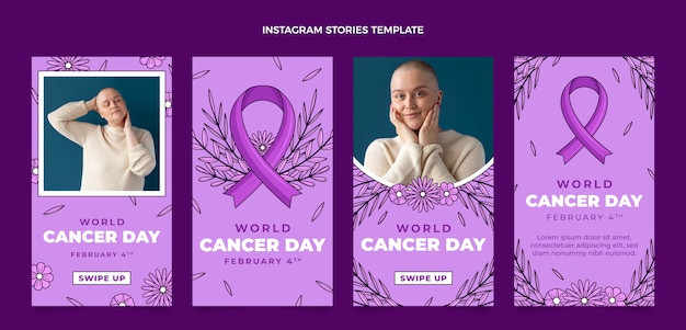 Coleção de histórias do instagram do Dia Mundial do Câncer desenhada à mão