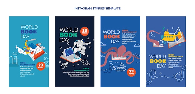 Vetor coleção de histórias do instagram do dia mundial do livro plano