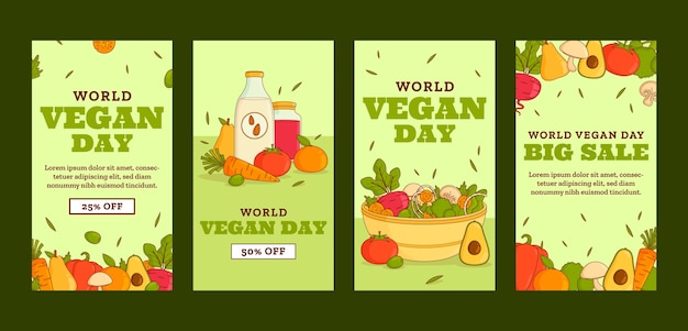 Vetor coleção de histórias do instagram do dia mundial do vegano