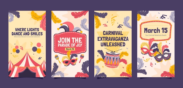 Coleção de histórias do Instagram para a celebração da festa do carnaval