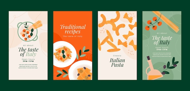 Vetor coleção de histórias do instagram para restaurante de comida italiana tradicional
