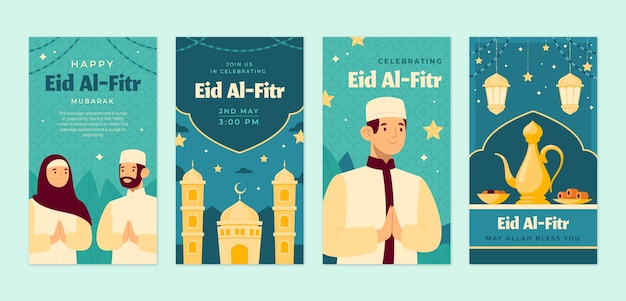 Vetor coleção de histórias do instagram plana eid al-fitr