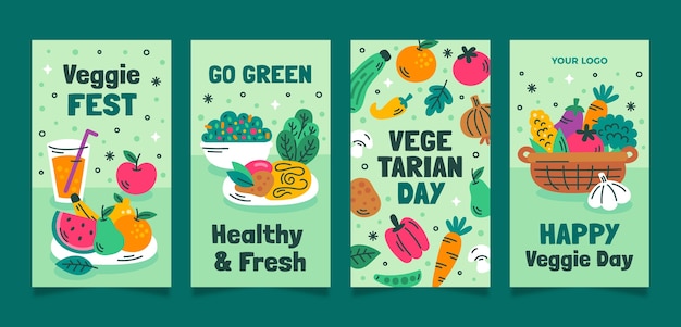 Vetor coleção de histórias infláveis do instagram para a celebração do dia mundial do vegetarianismo