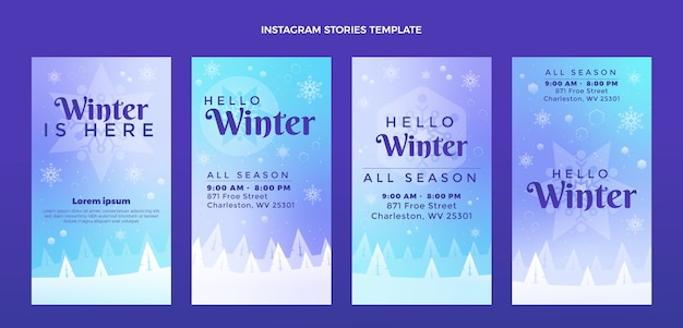 Vetor coleção de histórias instagram de inverno gradiente