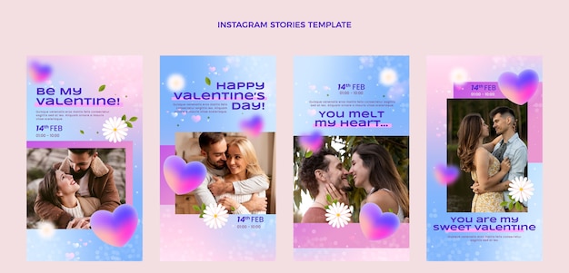 Vetor coleção de histórias instagram do dia dos namorados em gradiente