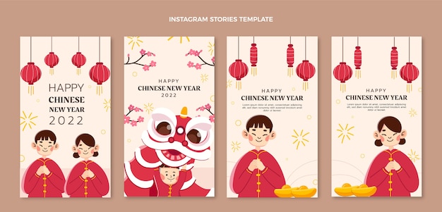 Vetor coleção de histórias instagram planas do ano novo chinês