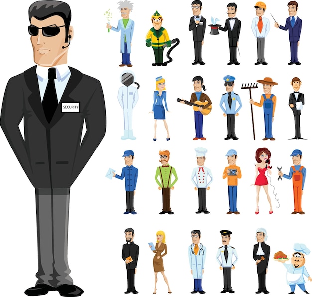 Coleção de homens e mulheres trabalhadores de várias ocupações ou profissões diferentes usando ilustração de conjunto de uniforme profissional