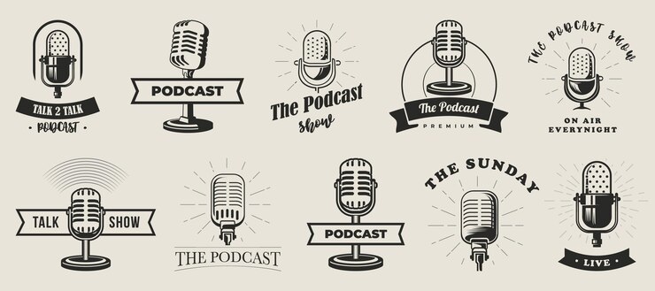Vetor coleção de ícone de crachá de podcast retrô conjunto de emblema vintage de microfone