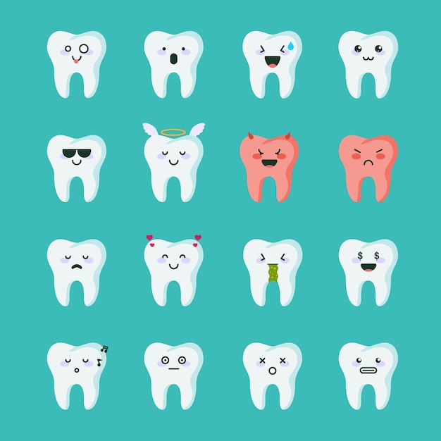 Coleção de ícone de emoção diferente do ícone de dentes na ilustração vetorial de fundo verde