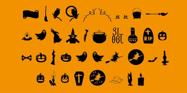 Vetor coleção de ícone de silhuetas de halloween e personagem, elementos para decorações de halloween