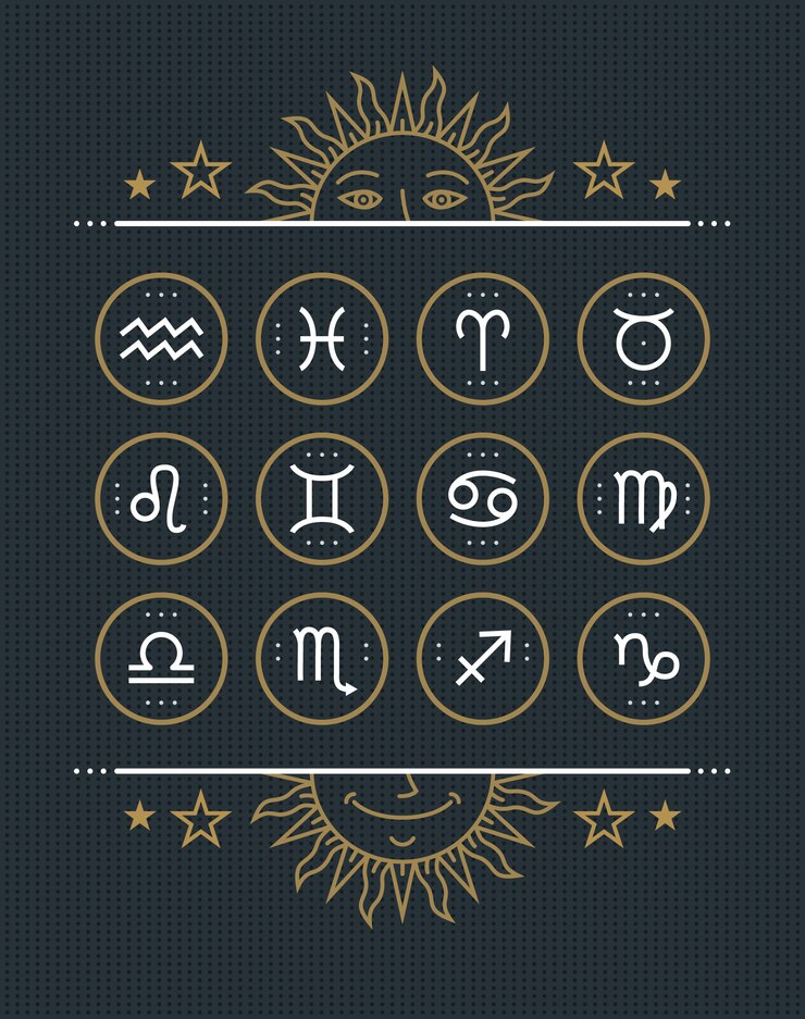 Coleção de ícone do Zodíaco. Conjunto de símbolos sagrados. Elementos de estilo vintage de finalidade de horóscopo e astrologia. Linha fina assina no fundo pontilhado escuro. coleção.