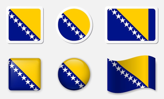 Coleção de ícones da bandeira da Bósnia e Herzegovina Rótulos planos e elementos vetoriais de vidro realistas em 3D