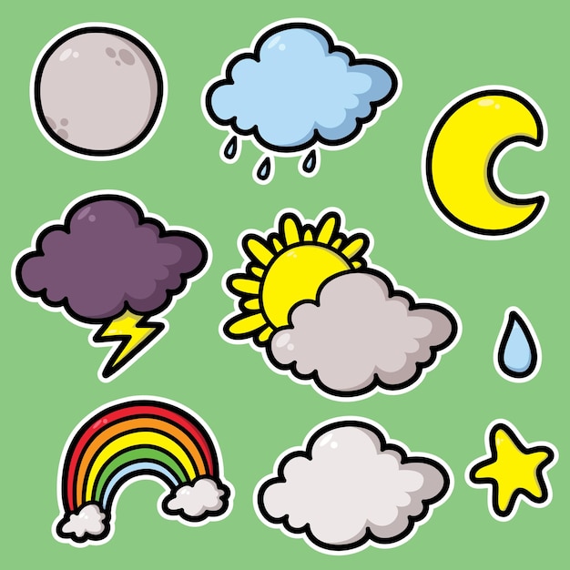 Coleção de ícones de adesivos de tempo de doodle com nuvens e luas