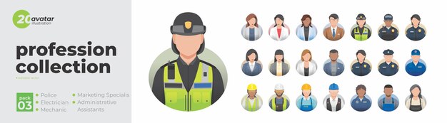 Coleção de ícones de avatar de perfil de profissão Conjunto de ilustrações de pessoas em várias profissões
