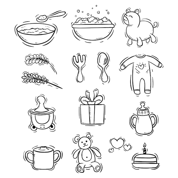 Coleção de ícones de bebê com estilo doodle