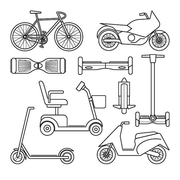 Vetor coleção de ícones de bicicleta e scooter