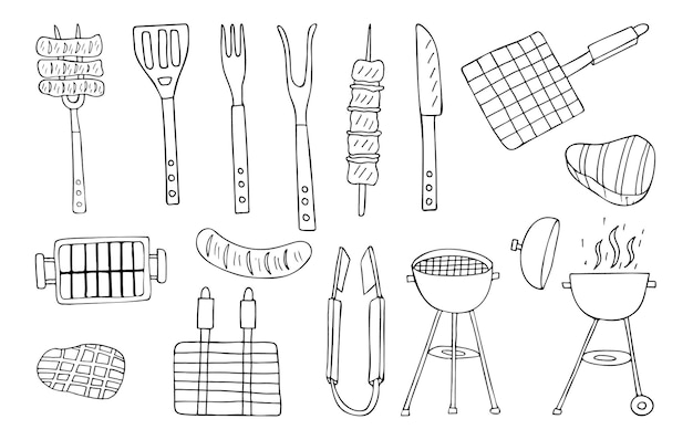 Coleção de ícones de churrasco do doodle. mão-extraídas coleção de ícones de churrasco.