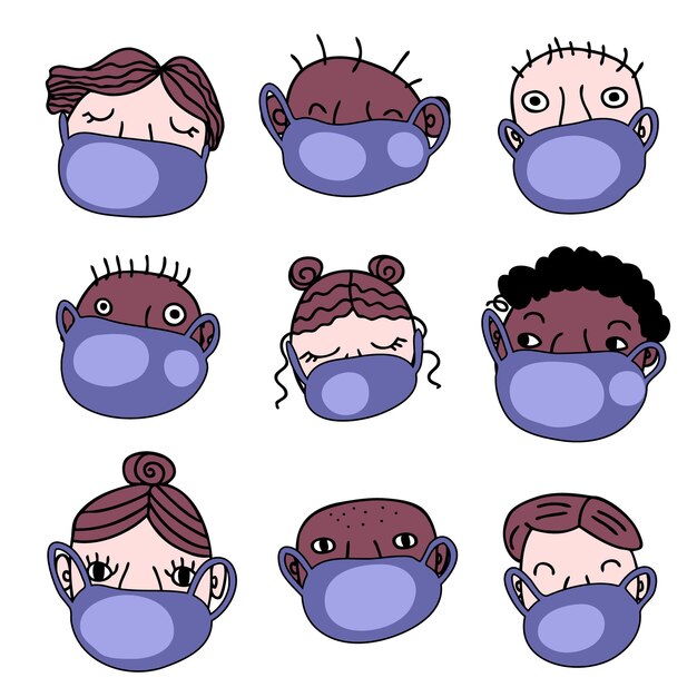 Coleção de ícones de coronavírus e varíola de macaco de pessoas em máscaras conceito de saúde isolado