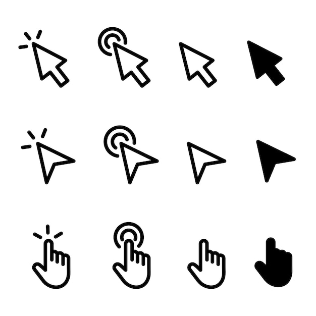 Coleção de ícones de cursor vetorial, seta, mão e ponteiro para design web