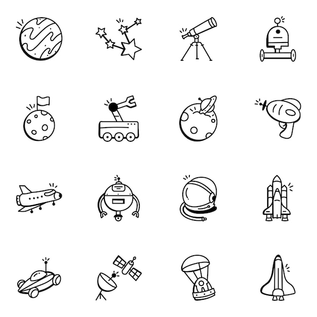 Coleção de ícones de doodle de tecnologia espacial